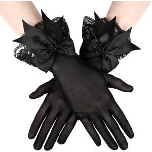 Women's Halloween Evening Black Elegant Ruffled Floral Short Bow Lace Gloves